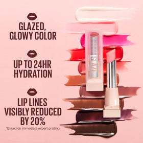 MAYBELLINE Lifter Glaze swatch on lips closeup showing Latte Crush sheen benefit