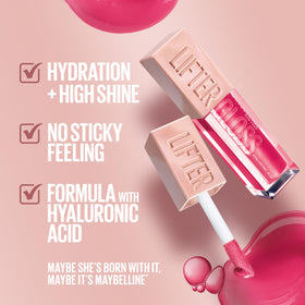 Maybelline Lifter Gloss Brass texture close-up highlighting hydrating, smooth formula