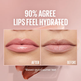 MAYBELLINE lip swatch of Reef showing peachy-neutral color and plumping benefit