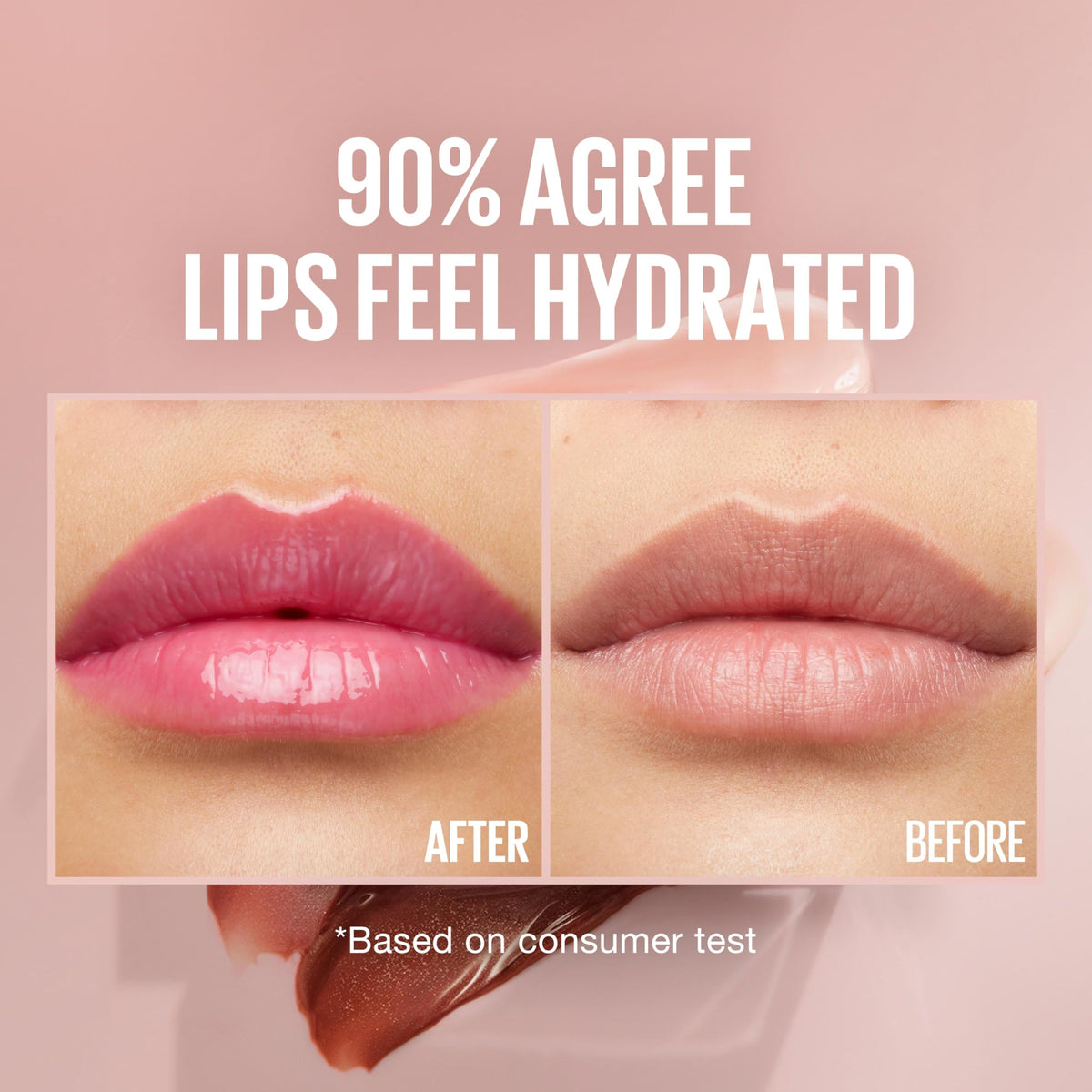 Maybelline gloss swiped on lips showing sheer pink tint and plumper look benefit