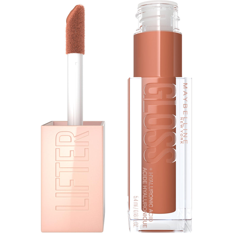 MAYBELLINE Lifter Gloss front packaging showing Toffee shade and shiny finish benefit