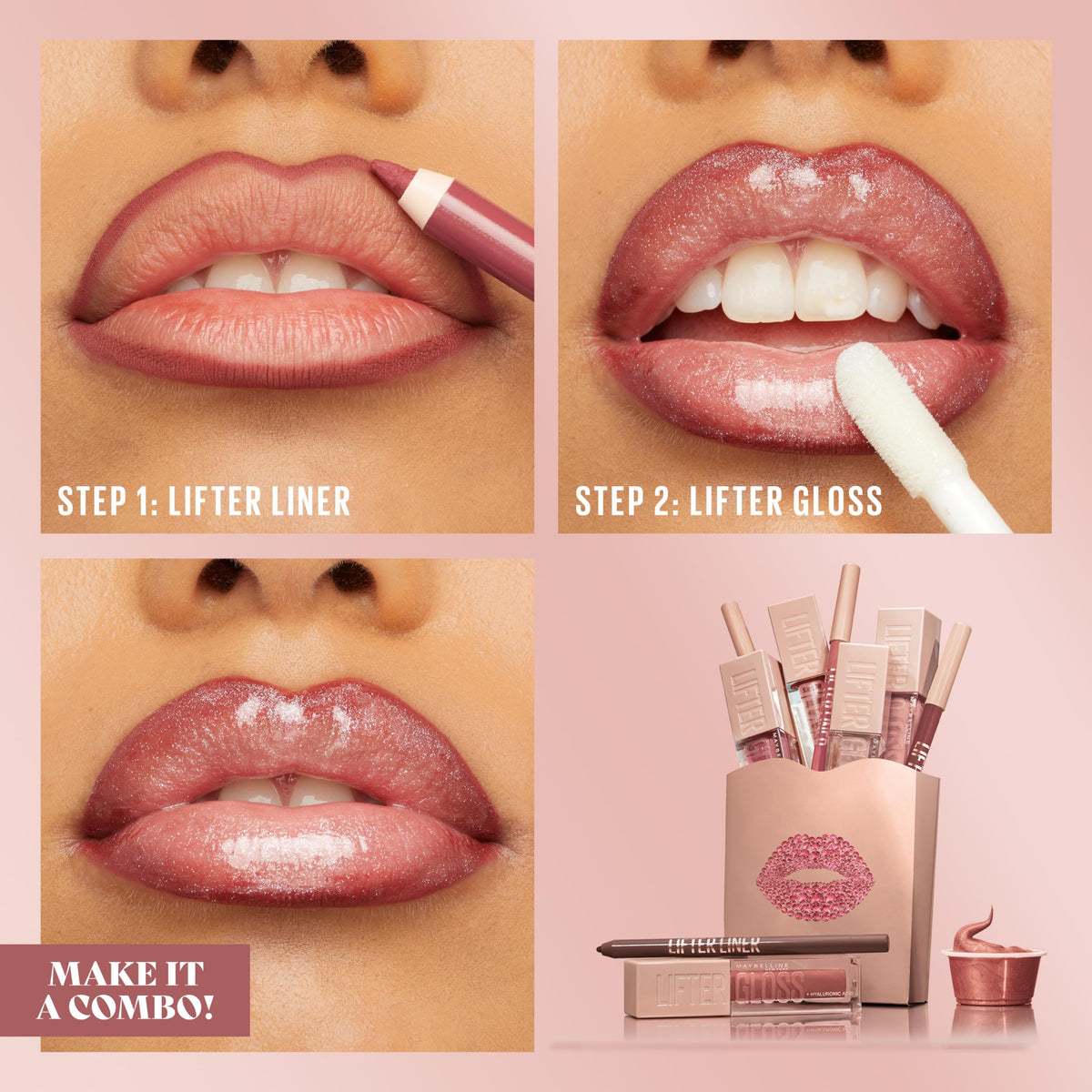 maybelline lifter liner applied on model lips illustrating defined shape and hydration