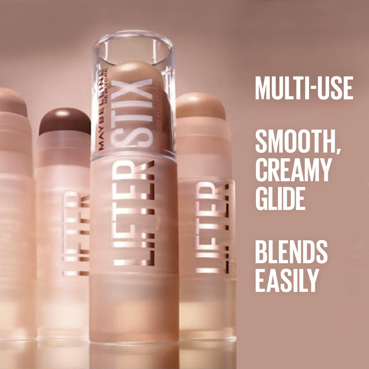 MAYBELLINE swiped Lifter Stix on arm demonstrating blendability and buildable coverage