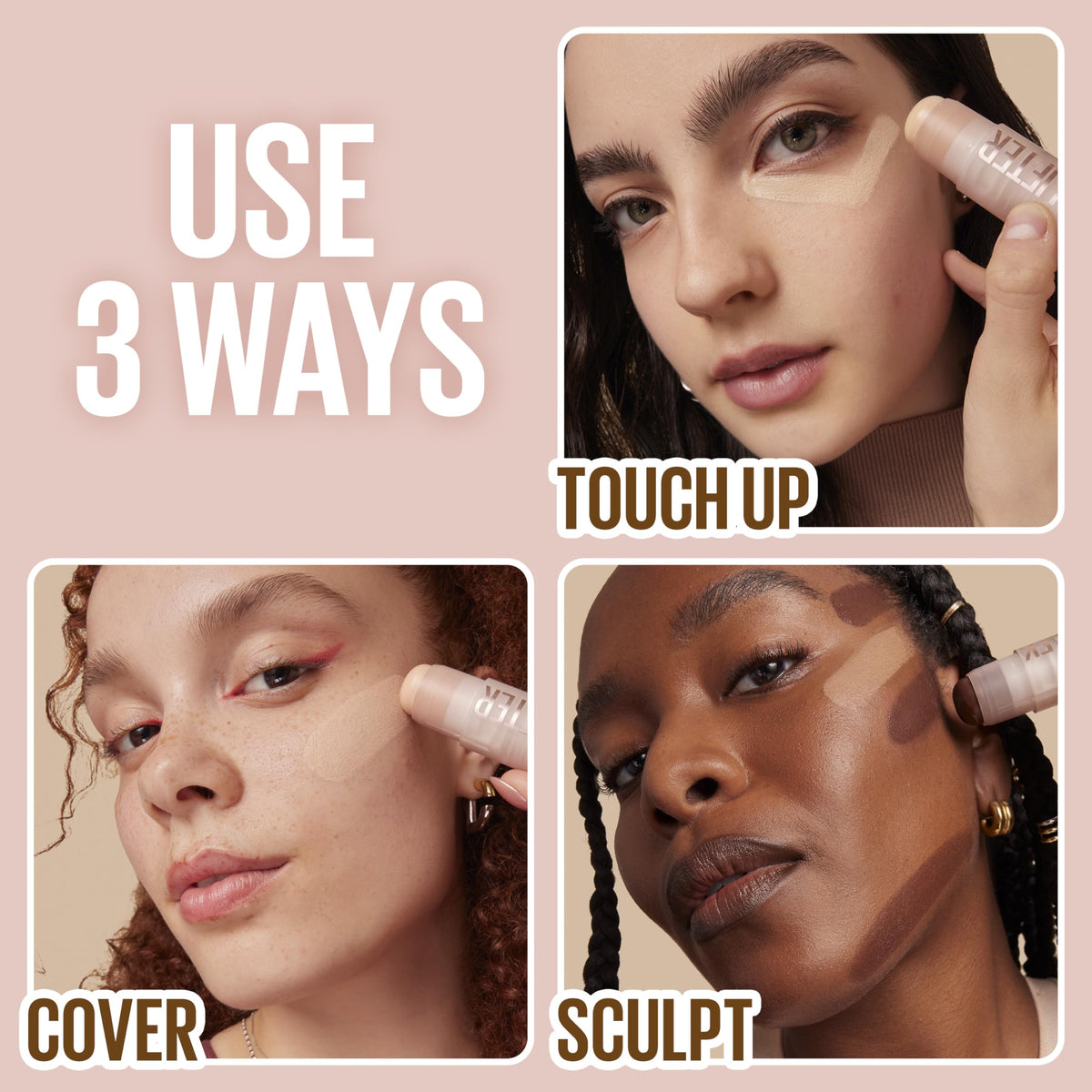 MAYBELLINE Lifter Stix swatched on skin showing blendable coverage benefit