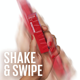 Maybelline model wearing Cranberry Red Lipcolor demonstrating longwear benefit