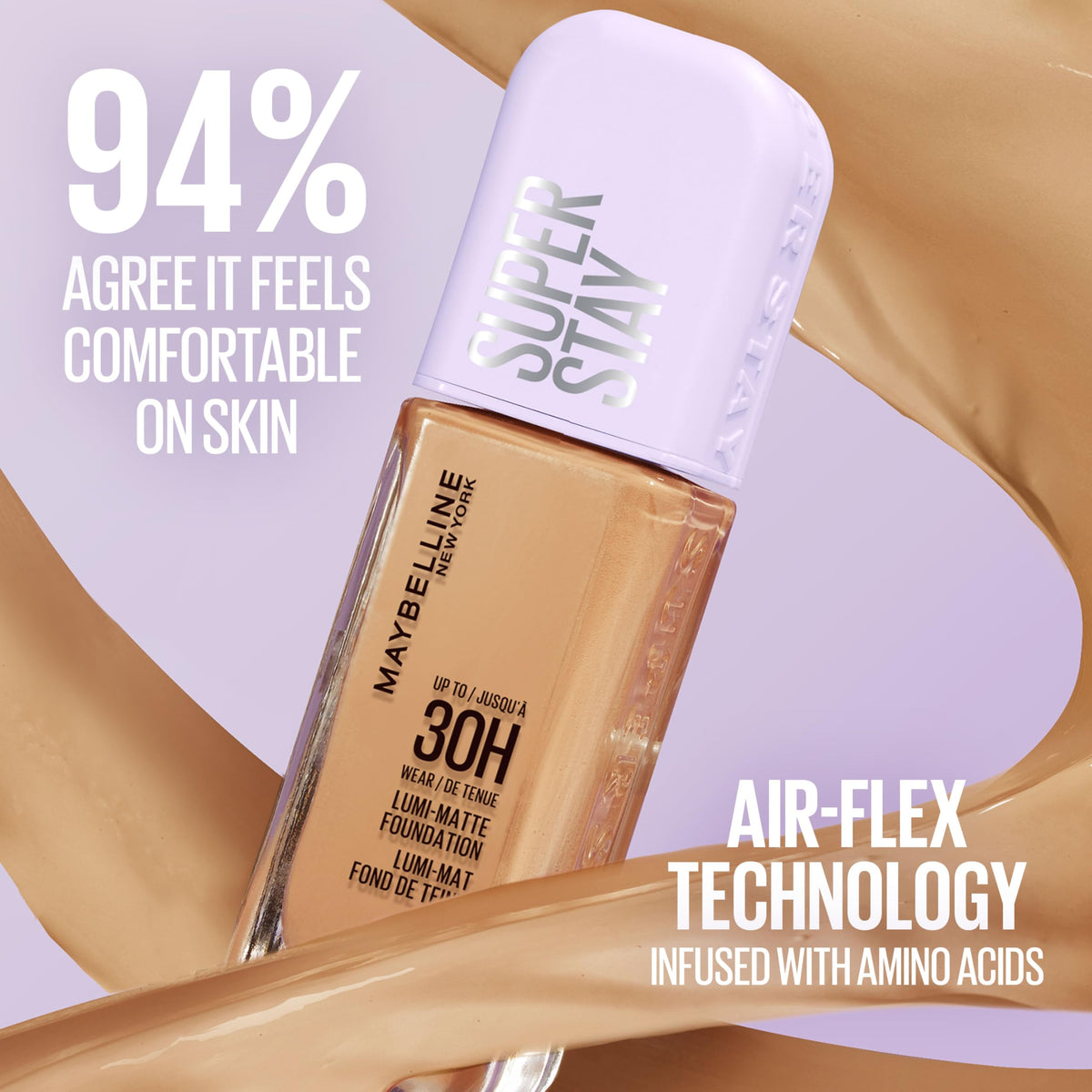 Maybelline before and after face comparison, displays even, luminous-matte effect