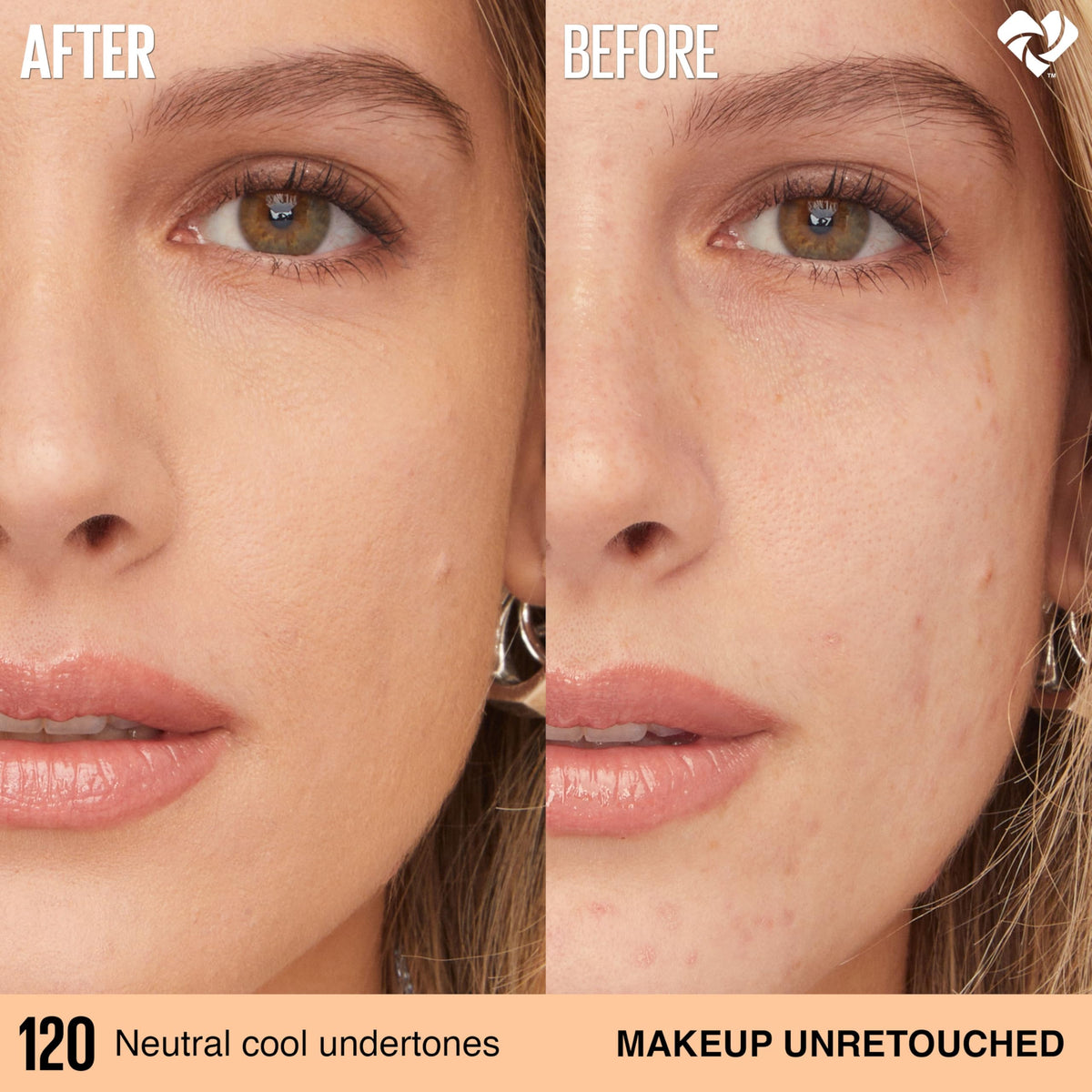 Maybelline bottle at angle highlighting label and shade number, eases shade selection