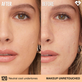 Maybelline bottle at angle highlighting label and shade number, eases shade selection