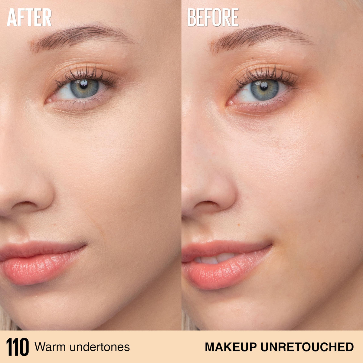 Maybelline coverage comparison showing before and after for full coverage