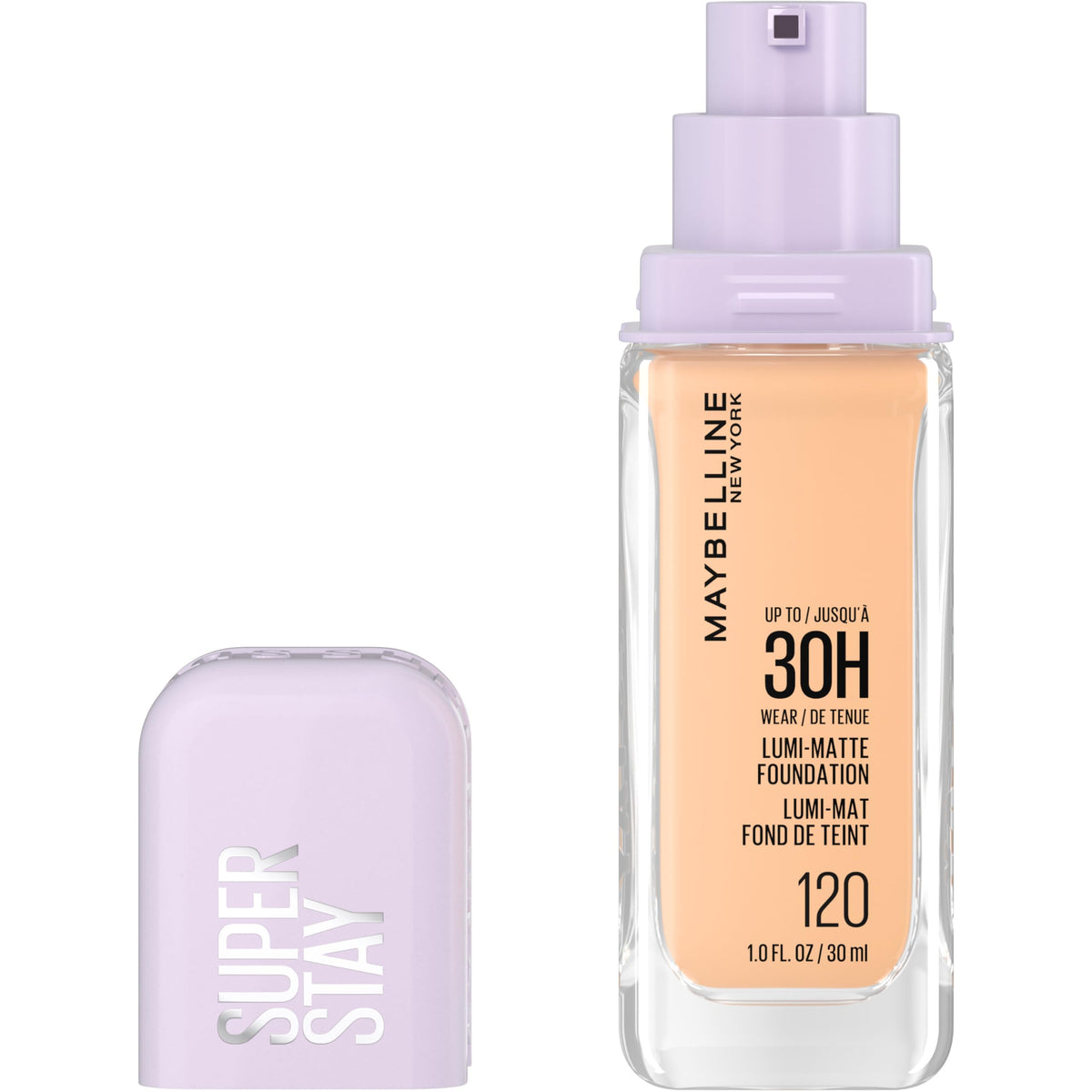 Maybelline front packaging showing bottle and brand, conveys reliable longwear