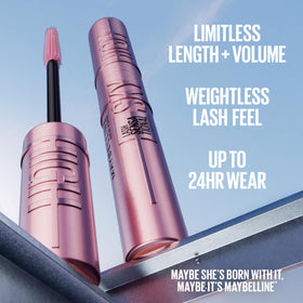 Maybelline mascara wand with texture swipe showing fiber-rich formula