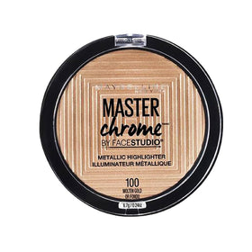 Maybelline Master Chrome compact front view showing Molten Gold reflective finish