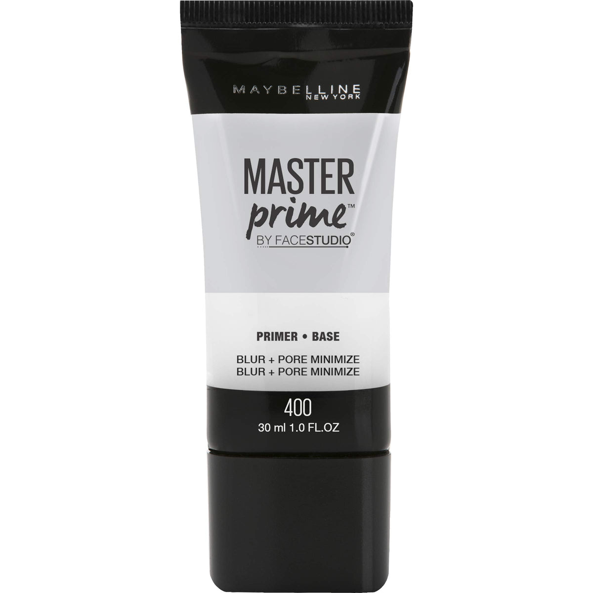 Maybelline Master Prime front packaging showing label and 1 fl. oz. bottle benefit: clear product info