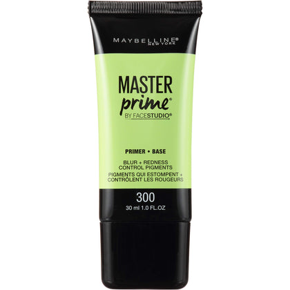 Maybelline Master Prime front view showing bottle and label, evens skin tone