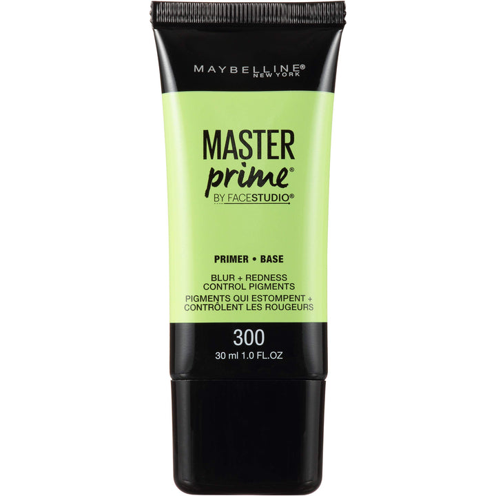 Maybelline Master Prime front view showing bottle and label, evens skin tone