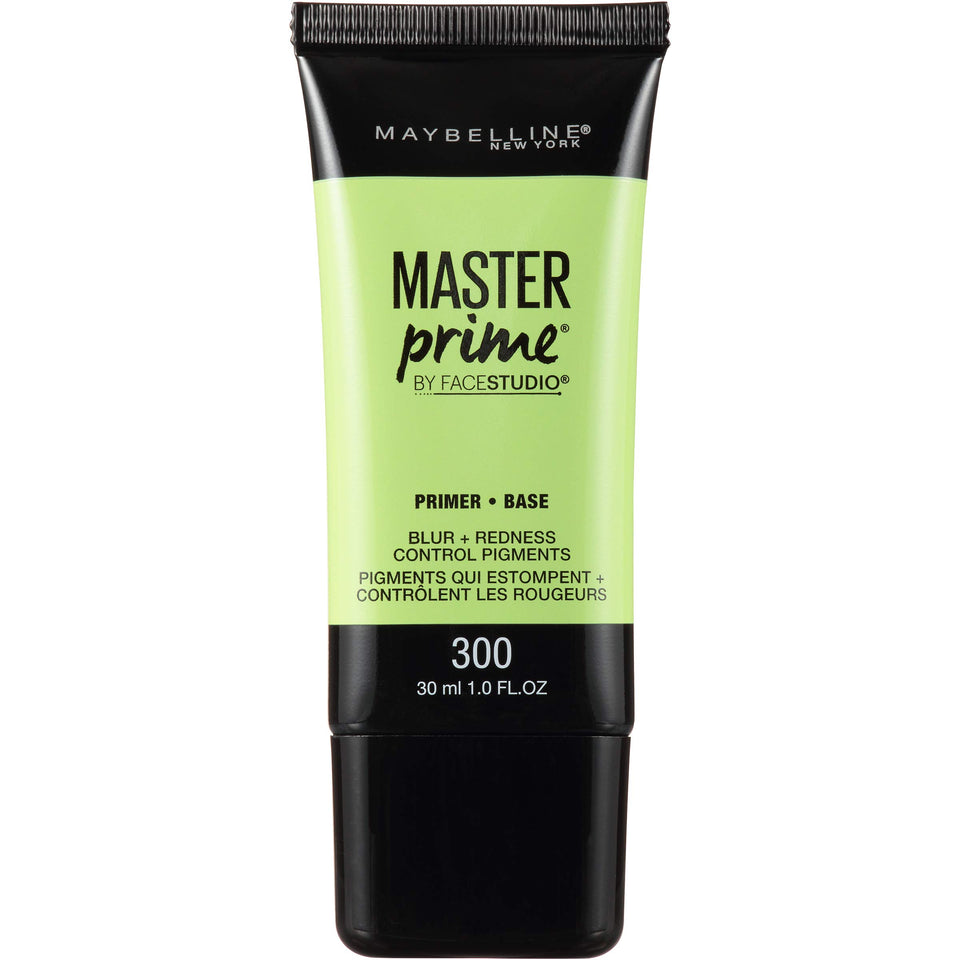Maybelline Master Prime front view showing bottle and label, evens skin tone