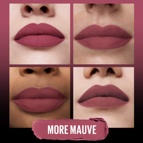 MAYBELLINE More Mauve applied on lips showing rich pigmentation and comfortable matte look