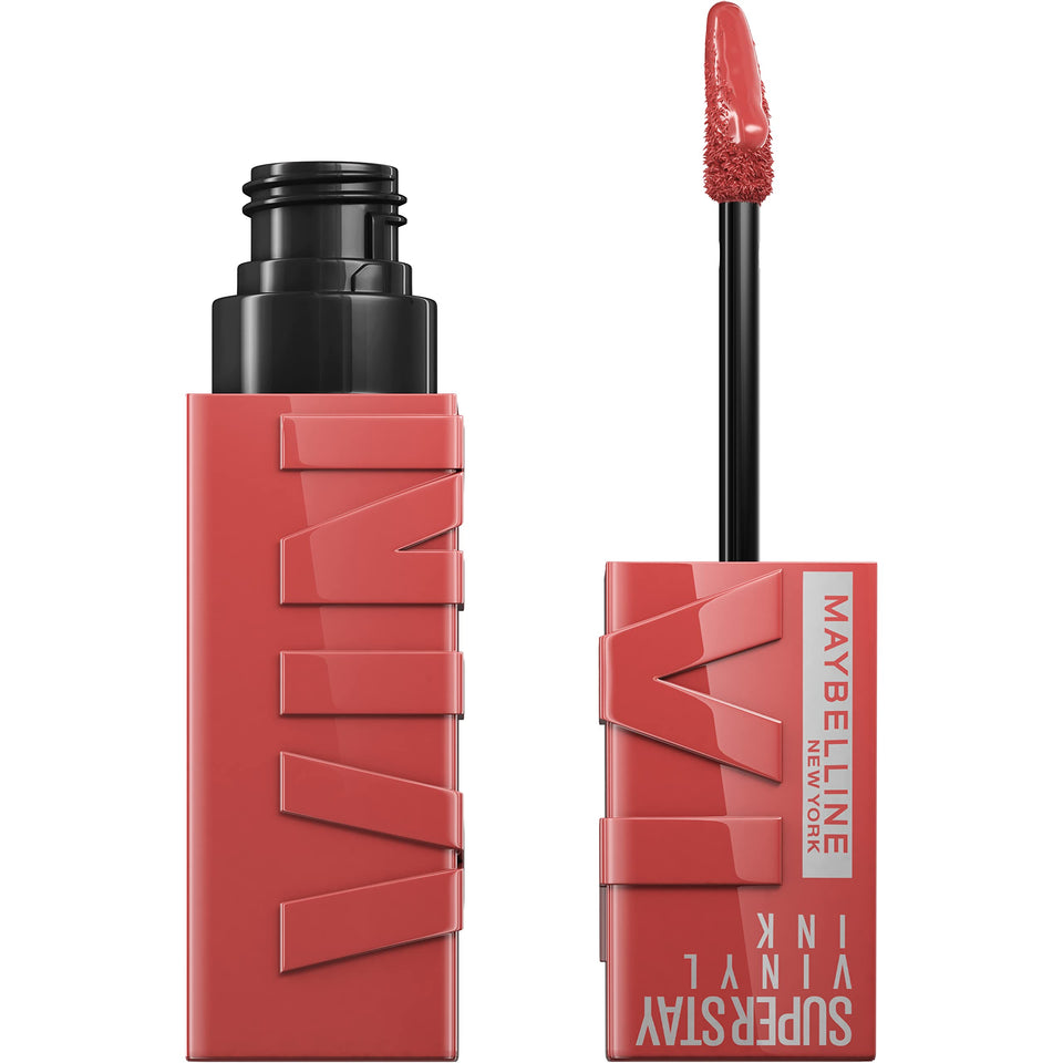 Maybelline front packaging showing Peachy Nude shade and high-shine finish