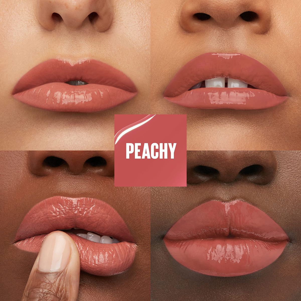 Maybelline swatch texture of peachy nude showing glossy vinyl finish