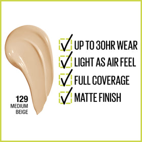 Maybelline pump dispenser close-up delivering controlled foundation amounts