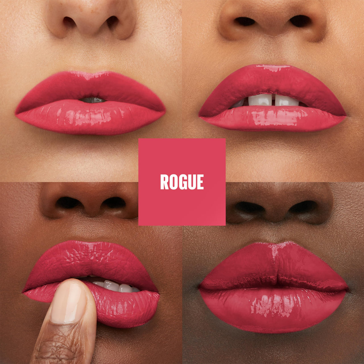 Maybelline Rogue swiped on lips closeup showing high-impact shine