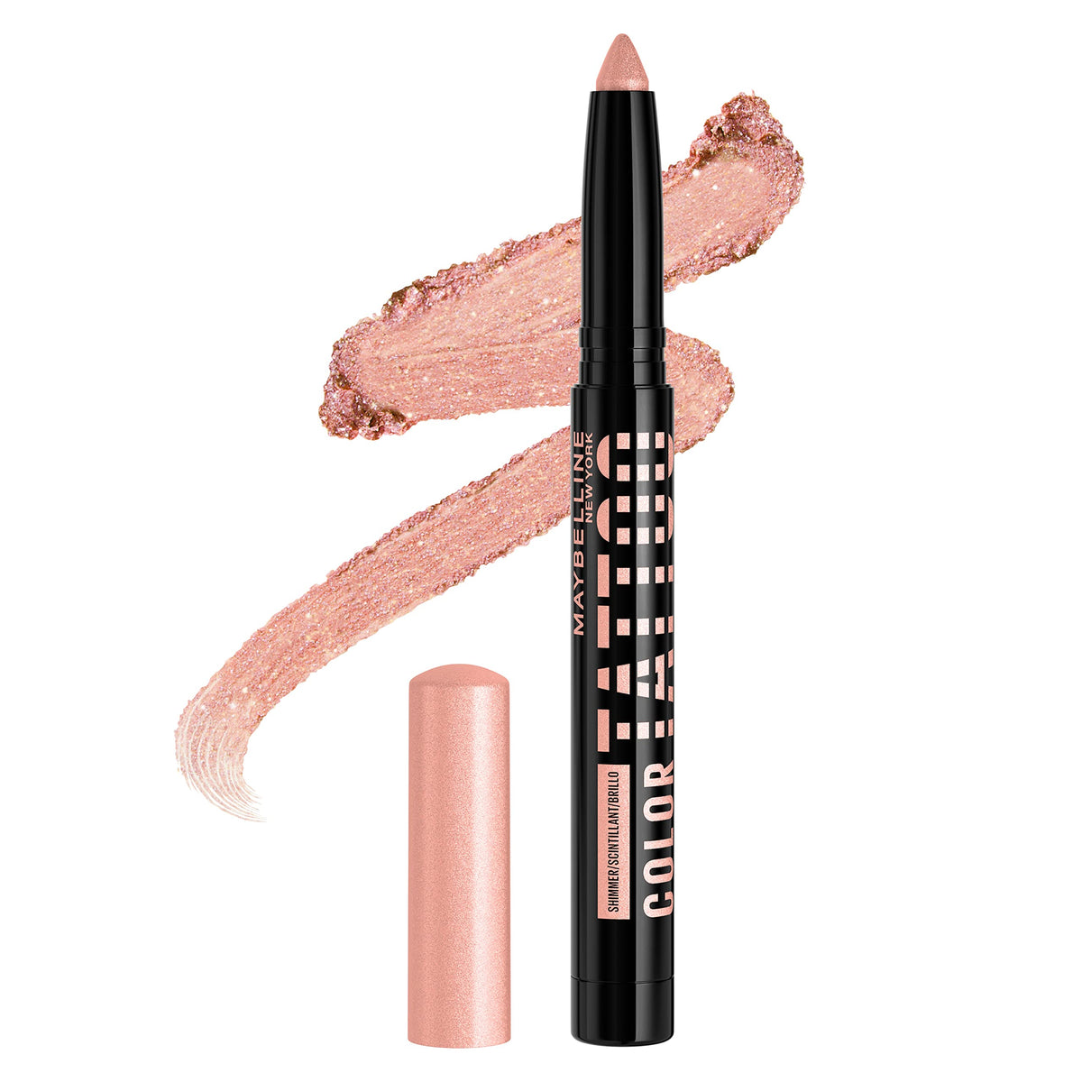 MAYBELLINE front packaging showing rose gold shimmer and compact tube benefit travel-ready