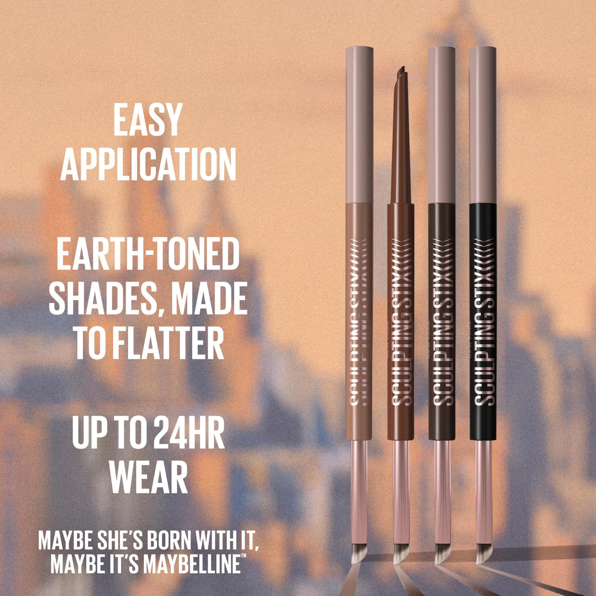 MAYBELLINE Sculpting Stix brown texture swatch on skin showing creamy matte payoff