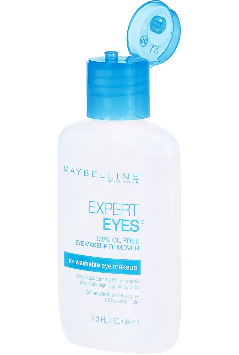 MAYBELLINE size comparison beside a hand showing compact travel-friendly 2.3 fl oz bottle