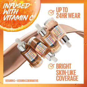 MAYBELLINE bottle label detail highlighting vitamin C and vegan formula