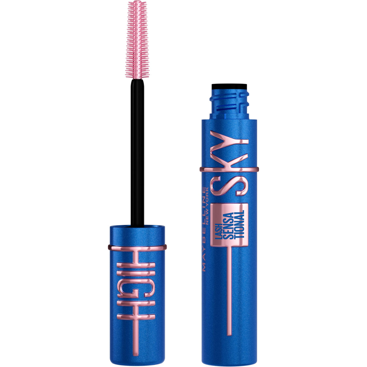 Maybelline Sky High front packaging in Navy Records showing color and finish benefits