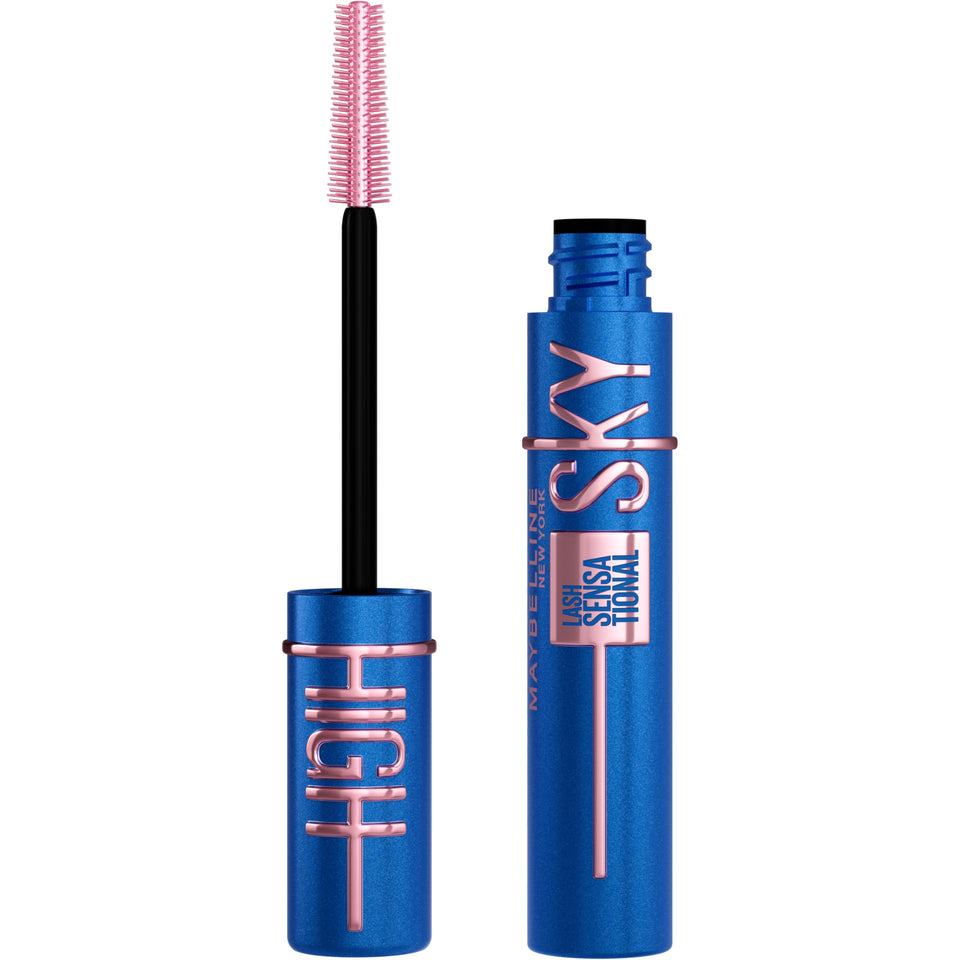 Maybelline Sky High front packaging in Navy Records showing color and finish benefits