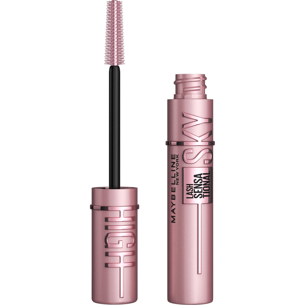 Maybelline Sky High front packaging showing tube and Very Black shade benefit length