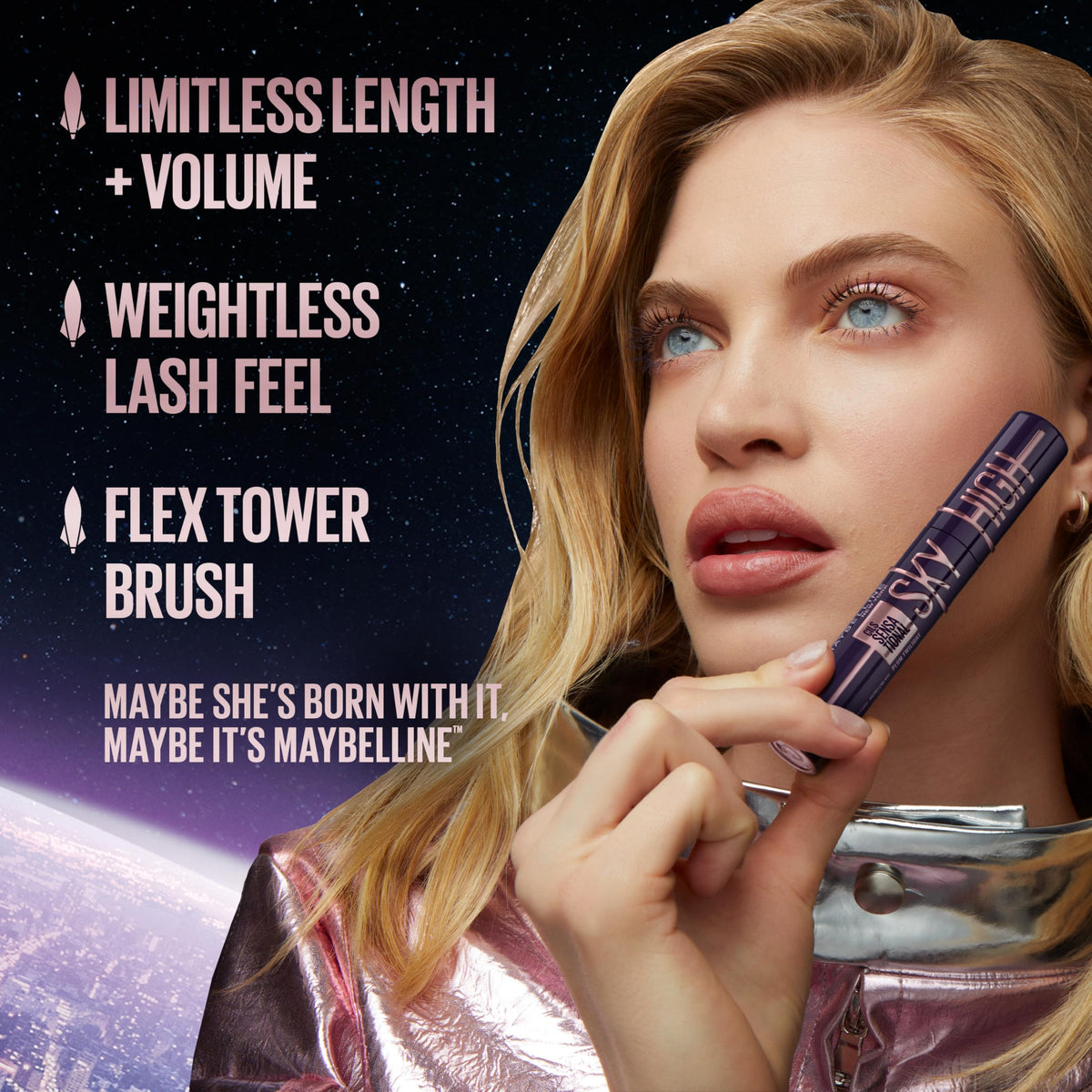 Maybelline Sky High mascara texture with visible fibers and bamboo extract for length