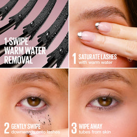Maybelline Sky Tubes removal demo with warm water, gentle no-tug off benefits