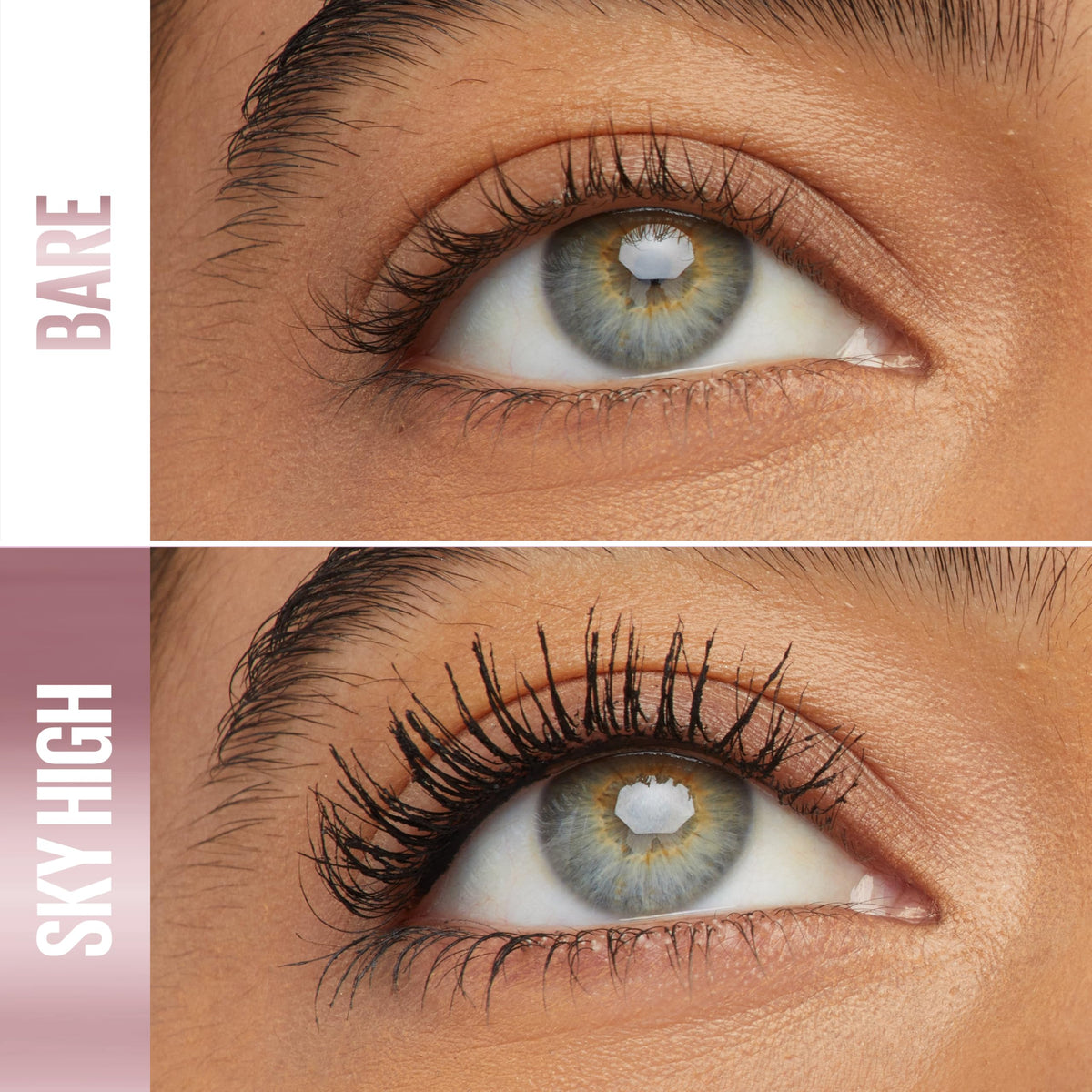 Maybelline Sky High flex tower brush close-up delivering separated, lengthened lashes