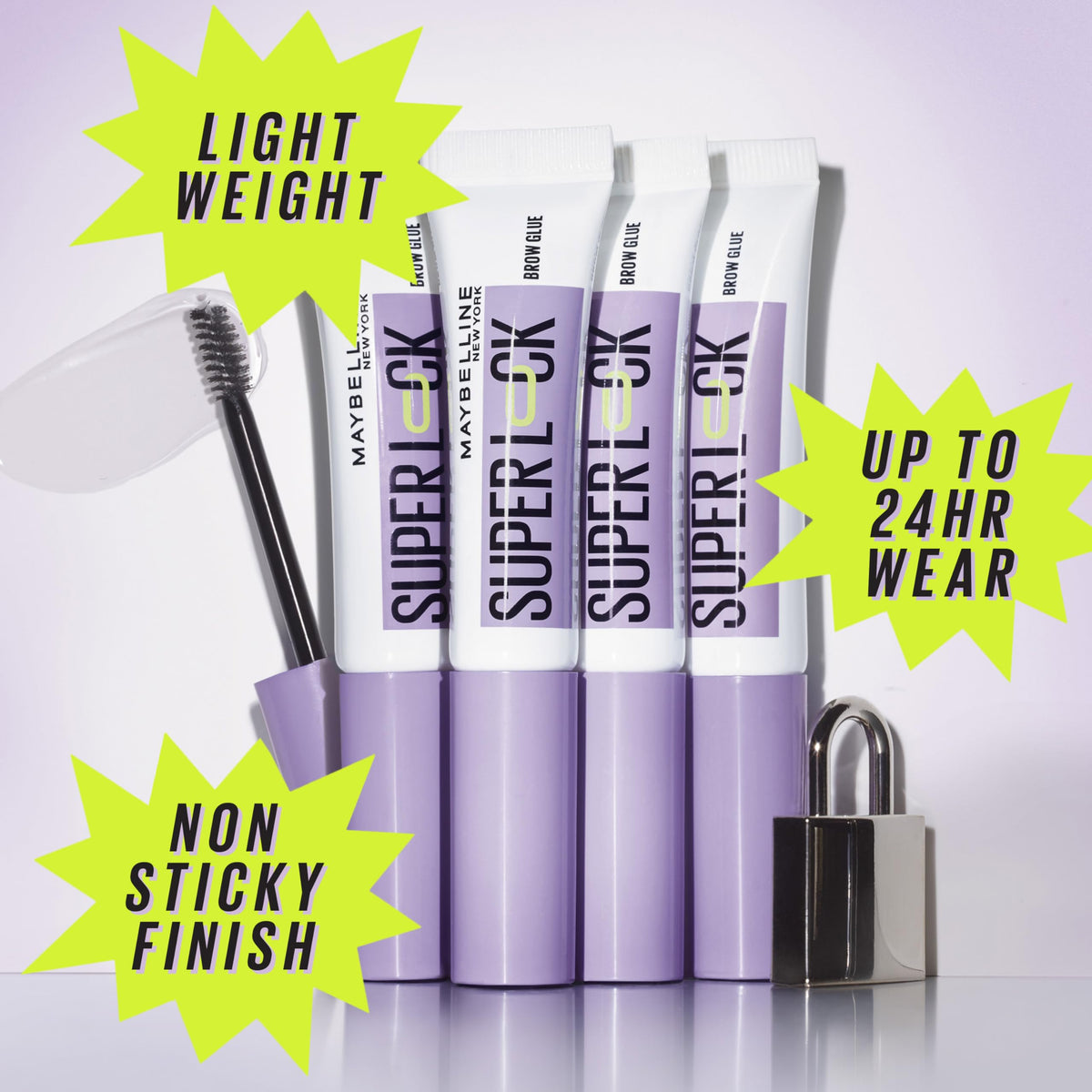 Maybelline Super Lock Brow Glue applicator brush close-up offering precise styling benefit