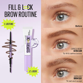 Maybelline Super Lock Brow Glue before and after brows showing groomed shape benefit