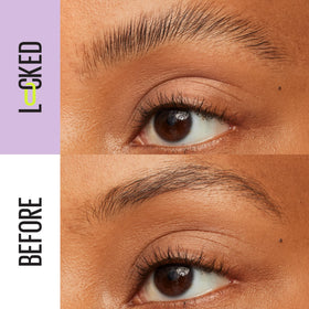 Maybelline Super Lock Brow Glue clear gel texture on fingertip showing non-sticky finish benefit