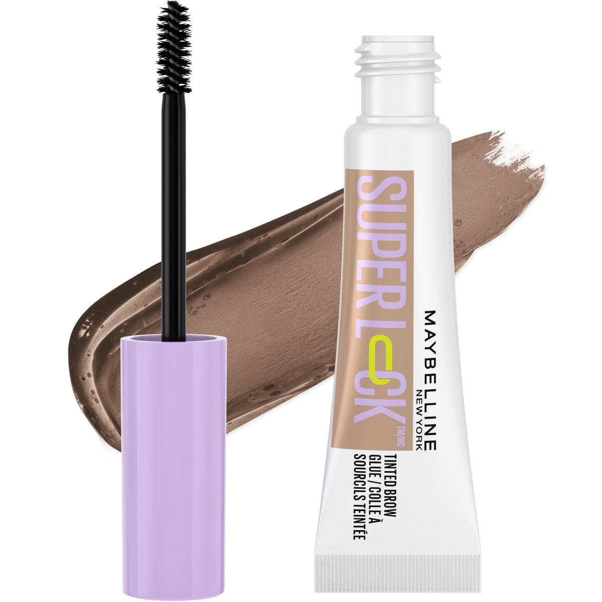 Maybelline Super Lock Brow Glue front packaging showing taupe shade and brush — long hold