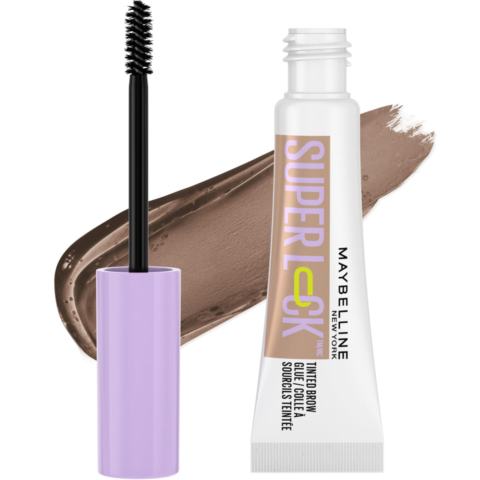 Maybelline Super Lock Brow Glue front packaging showing taupe shade and brush — long hold