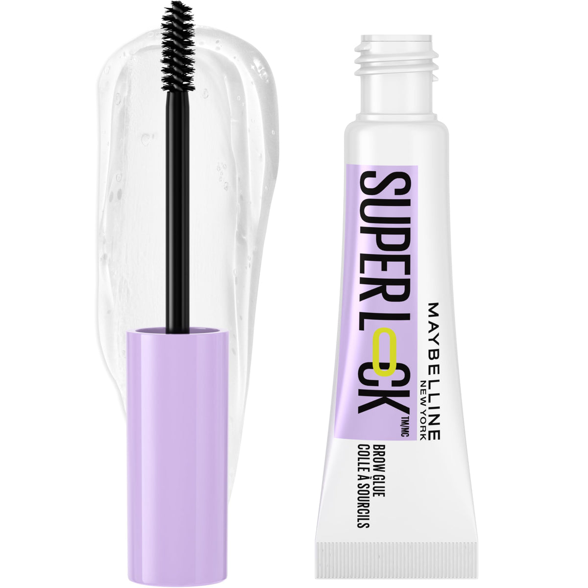 Maybelline Super Lock Brow Glue front packaging showing clear tube and branding benefit long hold