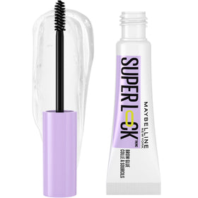 Maybelline Super Lock Brow Glue front packaging showing clear tube and branding benefit long hold