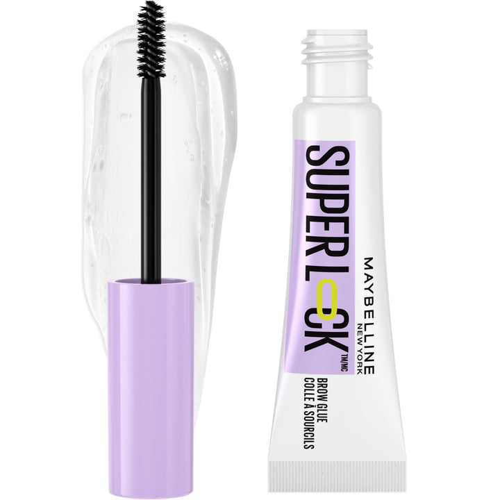 Maybelline Super Lock Brow Glue front packaging showing clear tube and branding benefit long hold