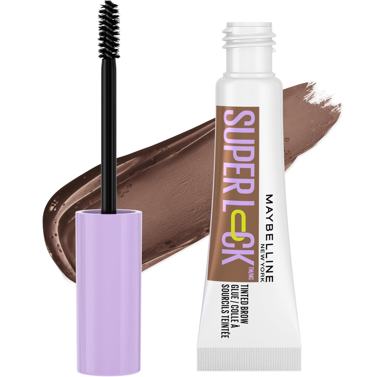 Maybelline Super Lock Brow Glue front packaging showing product benefit of 24hr hold