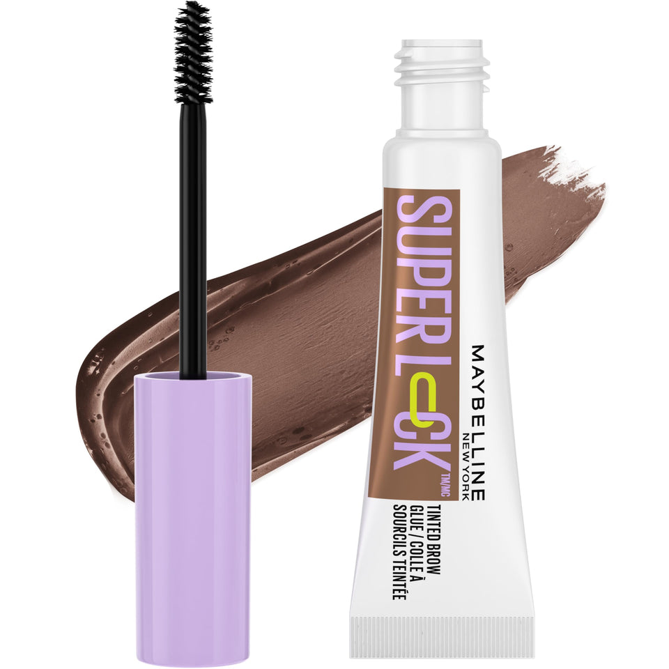 Maybelline Super Lock Brow Glue front packaging showing product benefit of 24hr hold
