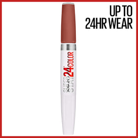 MAYBELLINE close-up of dual-ended tube highlighting long-wear color and moisturizing balm