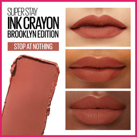 MAYBELLINE close-up of crayon tip texture, smooth pigment for even matte finish