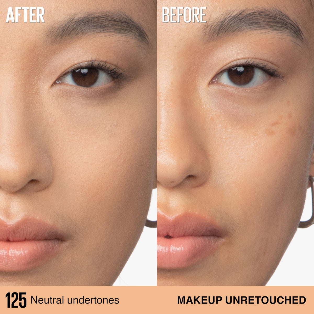 Maybelline swatch on skin showing shade 125 matching and natural finish benefit