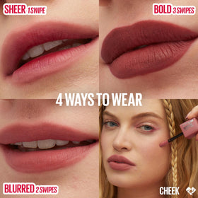 MAYBELLINE lip closeup displaying blurred matte finish and comfortable wear