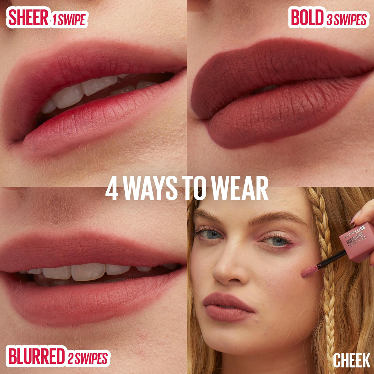 MAYBELLINE Super Stay Teddy worn on lips in lifestyle setting illustrating long-lasting matte look